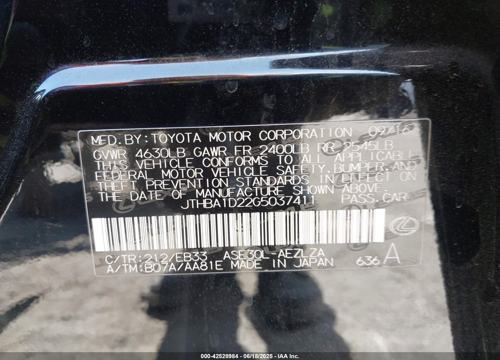 2016 LEXUS IS VIN: JTHBA1D22G5037411