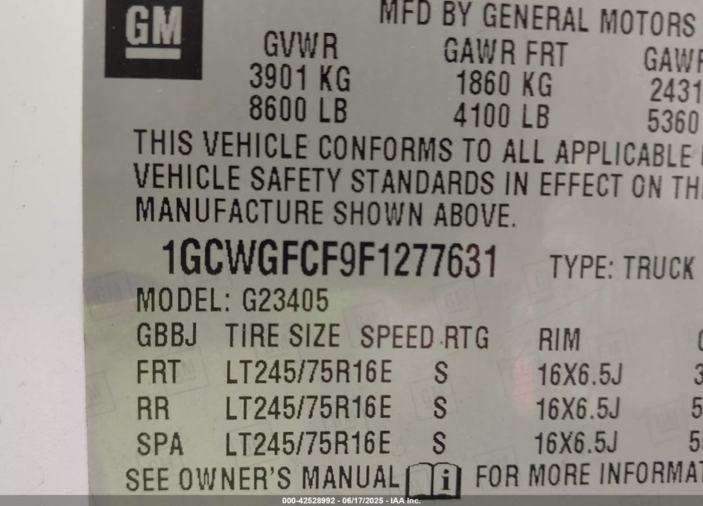 2015 CHEVROLET EXPRESS 2500 WORK VAN VIN: 1GCWGFCF9F1277631