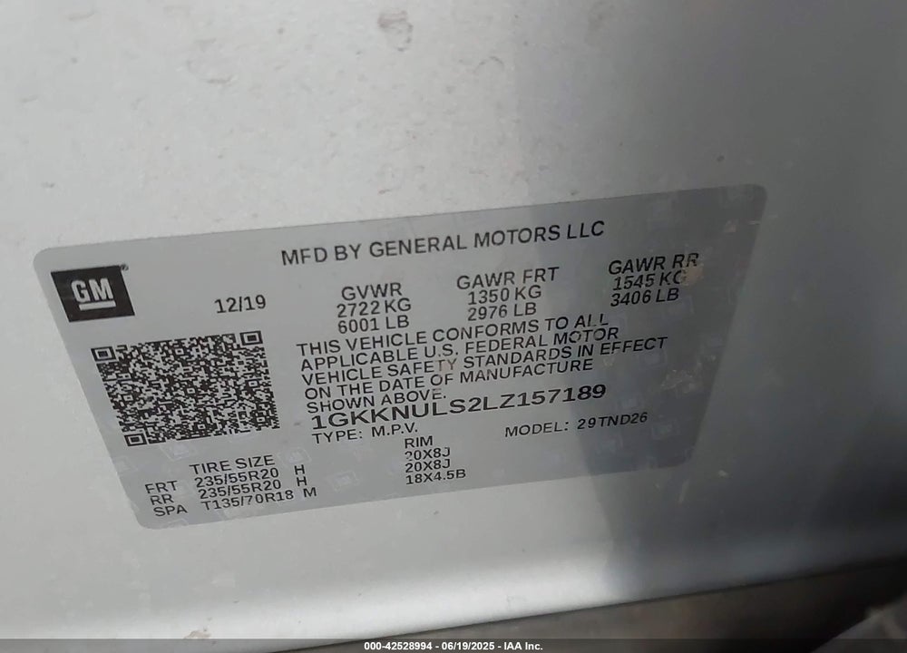 2020 GMC ACADIA VIN: 1GKKNULS2LZ157189