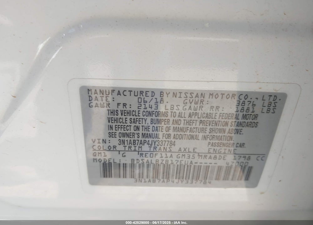 2018 NISSAN SENTRA VIN: 3N1AB7AP4JY337784