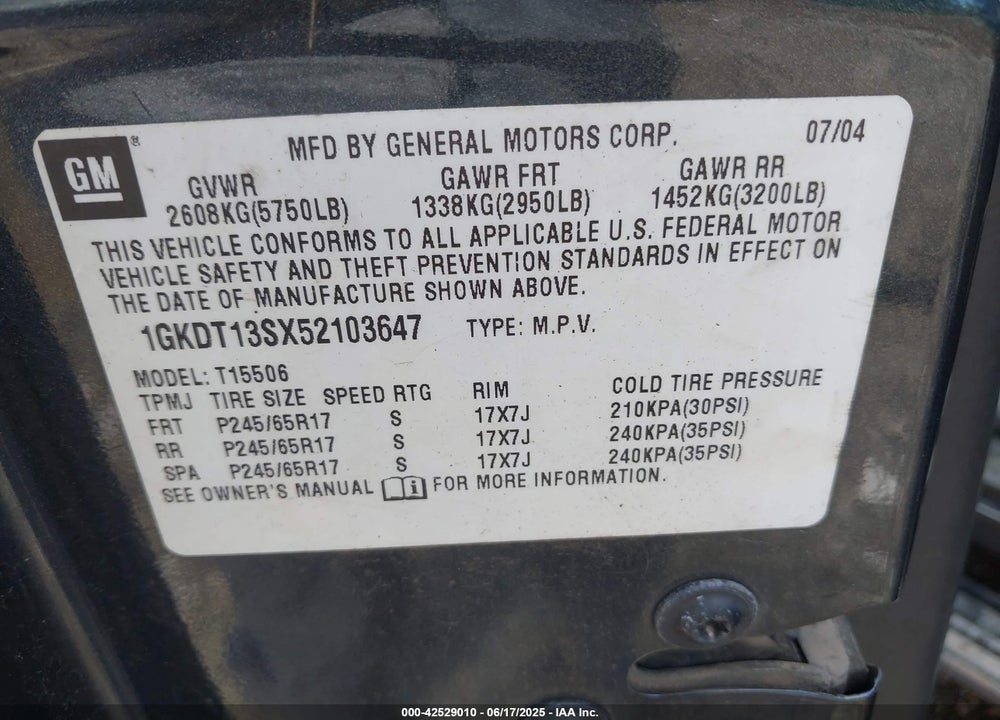 2005 GMC ENVOY SLE VIN: 1GKDT13SX52103647