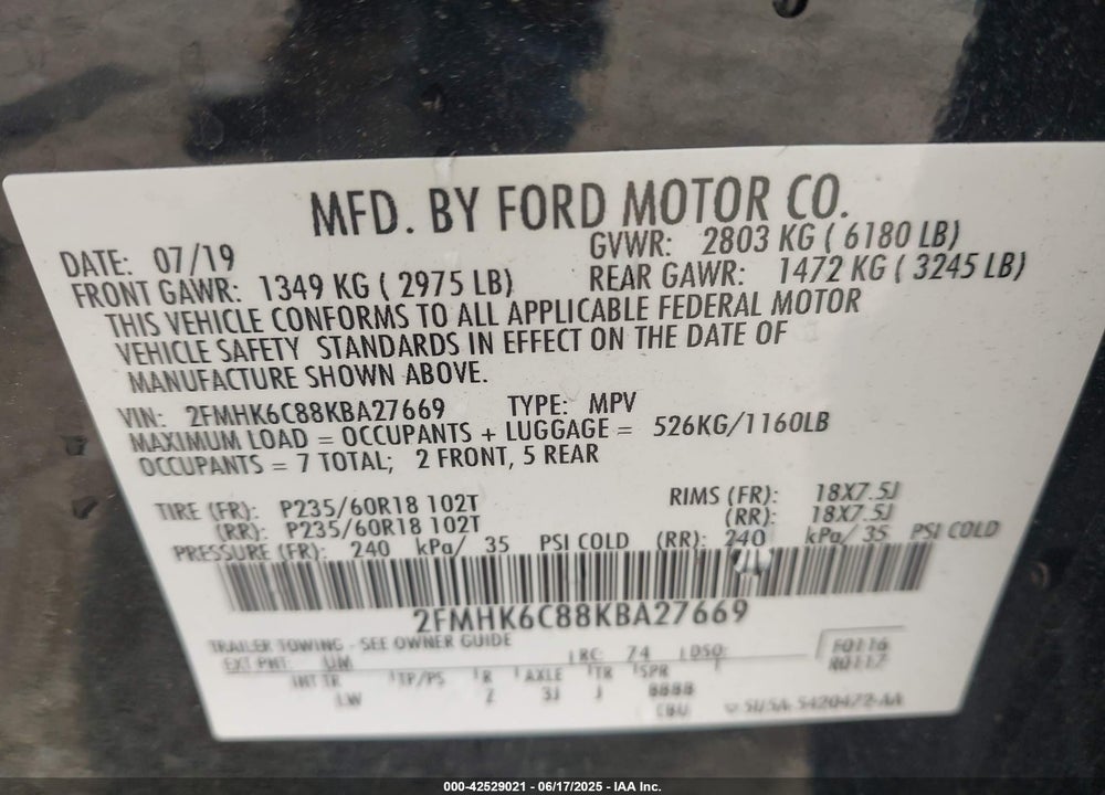 2019 FORD FLEX VIN: 2FMHK6C88KBA27669