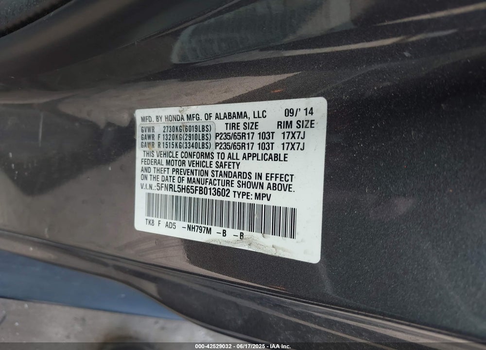2015 HONDA ODYSSEY EX-L VIN: 5FNRL5H65FB013602