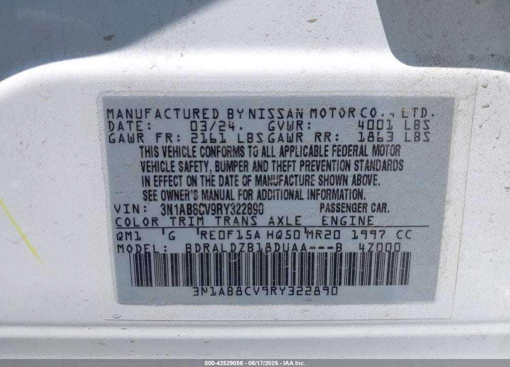 2024 NISSAN SENTRA VIN: 3N1AB8CV9RY322890