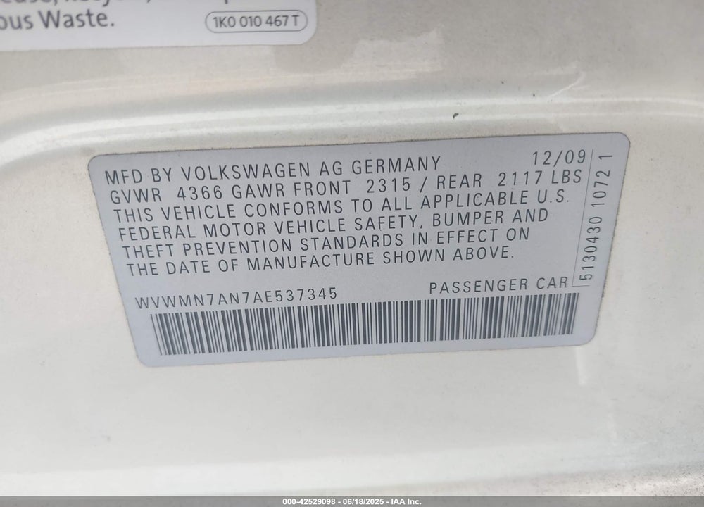 2010 VOLKSWAGEN CC SPORT VIN: WVWMN7AN7AE537345