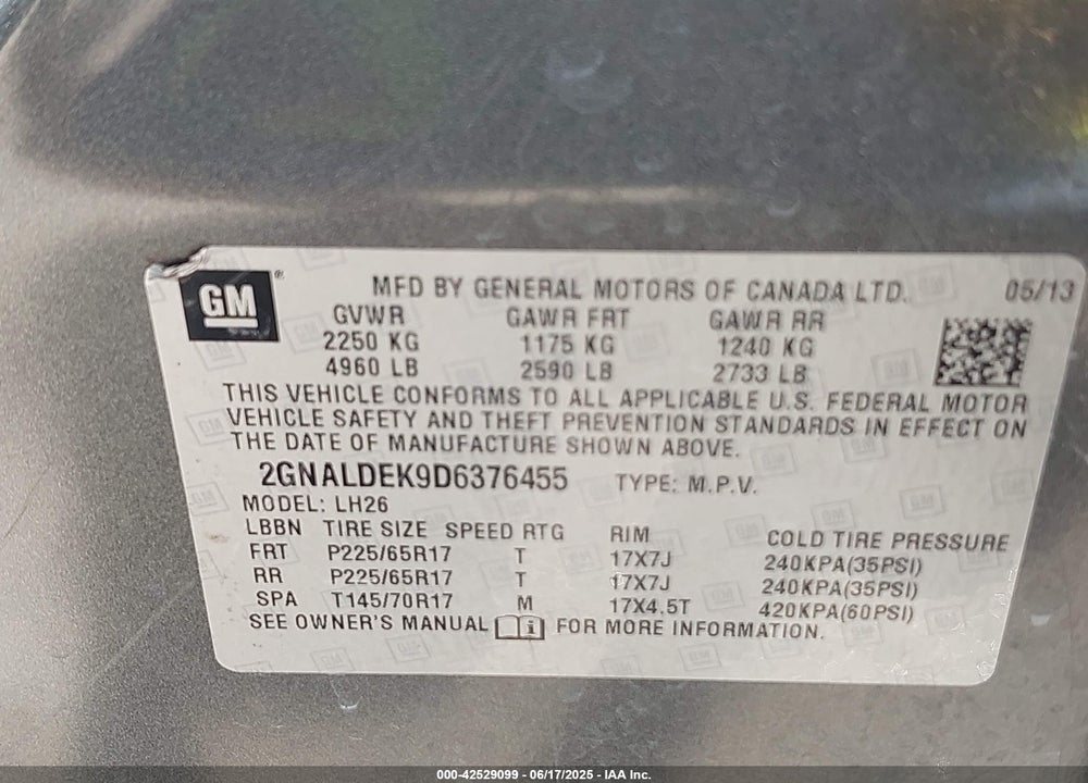 2013 CHEVROLET EQUINOX 1LT VIN: 2GNALDEK9D6376455