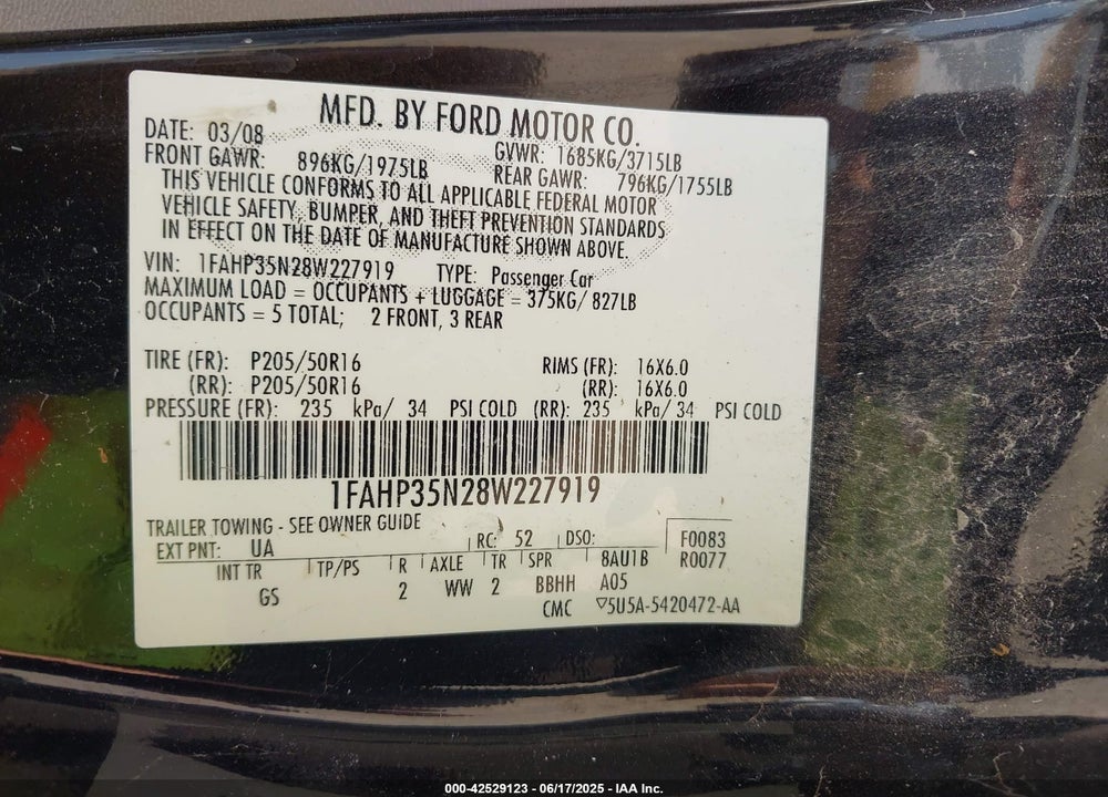 2008 FORD FOCUS VIN: 1FAHP35N28W227919