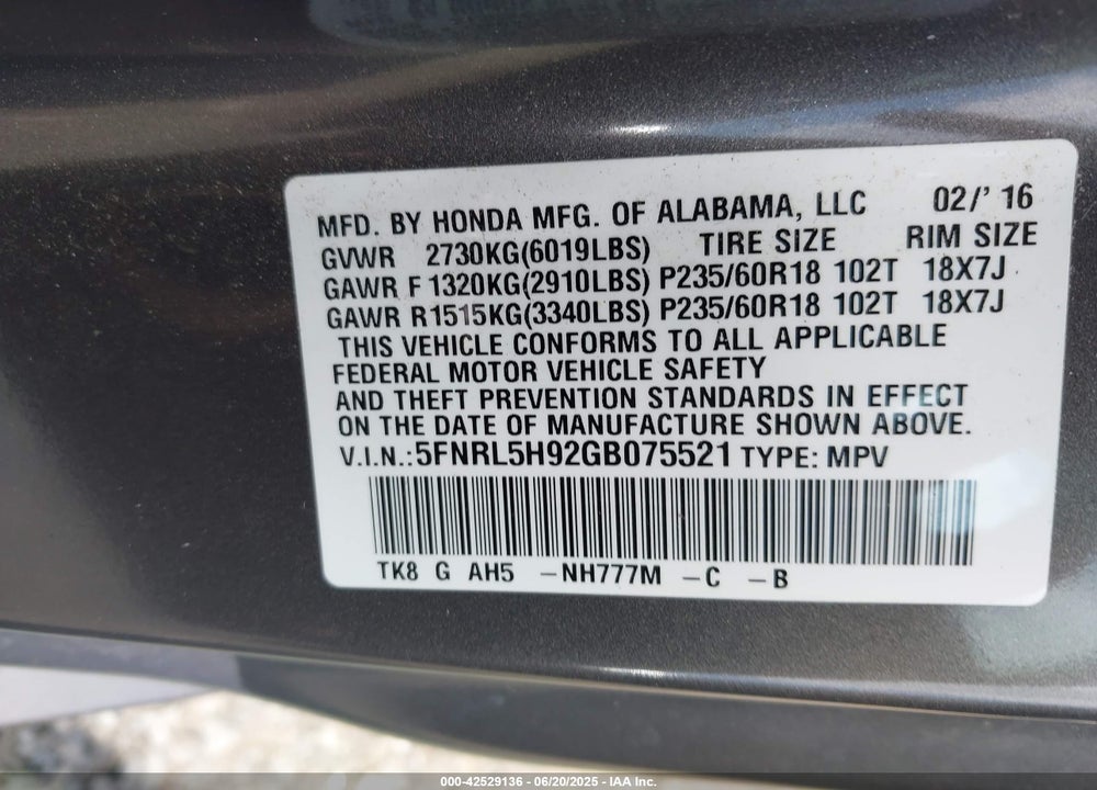 2016 HONDA ODYSSEY TOURING/TOURING ELITE VIN: 5FNRL5H92GB075521