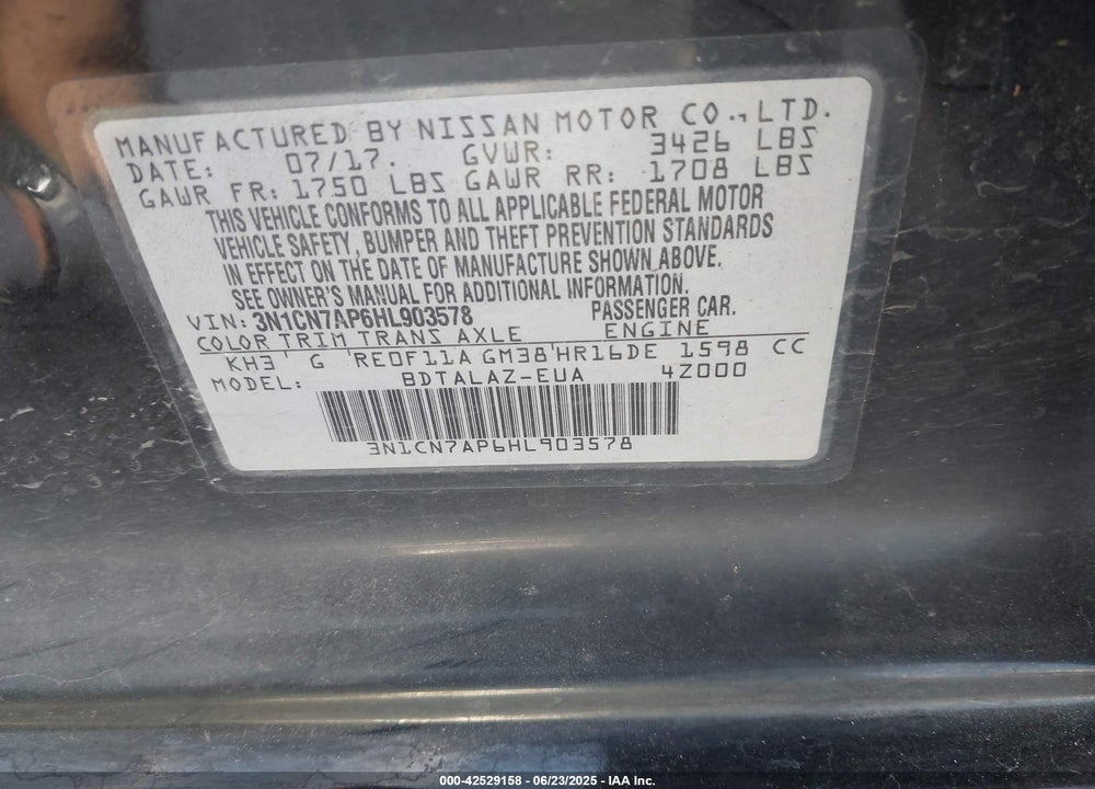 2017 NISSAN VERSA VIN: 3N1CN7AP6HL903578