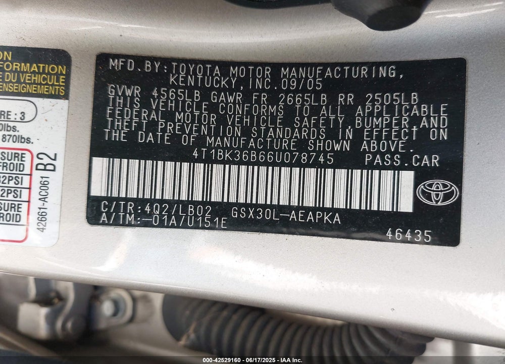 2006 TOYOTA AVALON VIN: 4T1BK36B66U078745