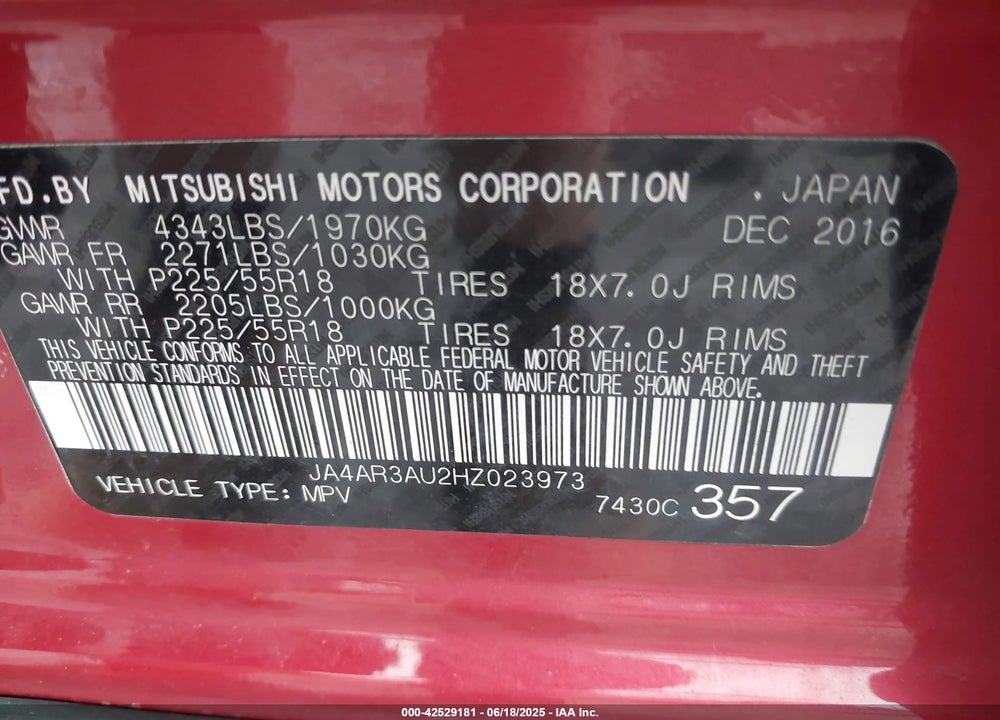2017 MITSUBISHI OUTLANDER SPORT VIN: JA4AR3AU2HZ023973