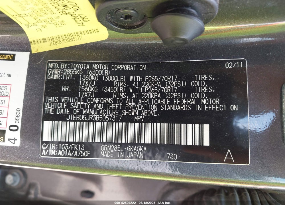 2011 TOYOTA 4RUNNER SR5 V6 VIN: JTEBU5JR3B5057317