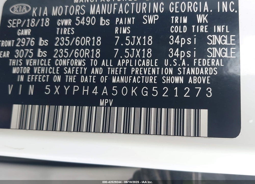 2019 KIA SORENTO VIN: 5XYPH4A50KG521273
