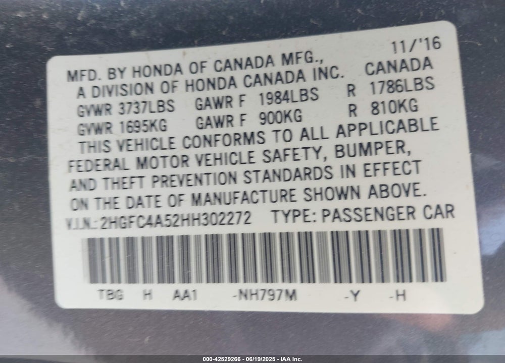 2017 HONDA CIVIC LX VIN: 2HGFC4A52HH302272