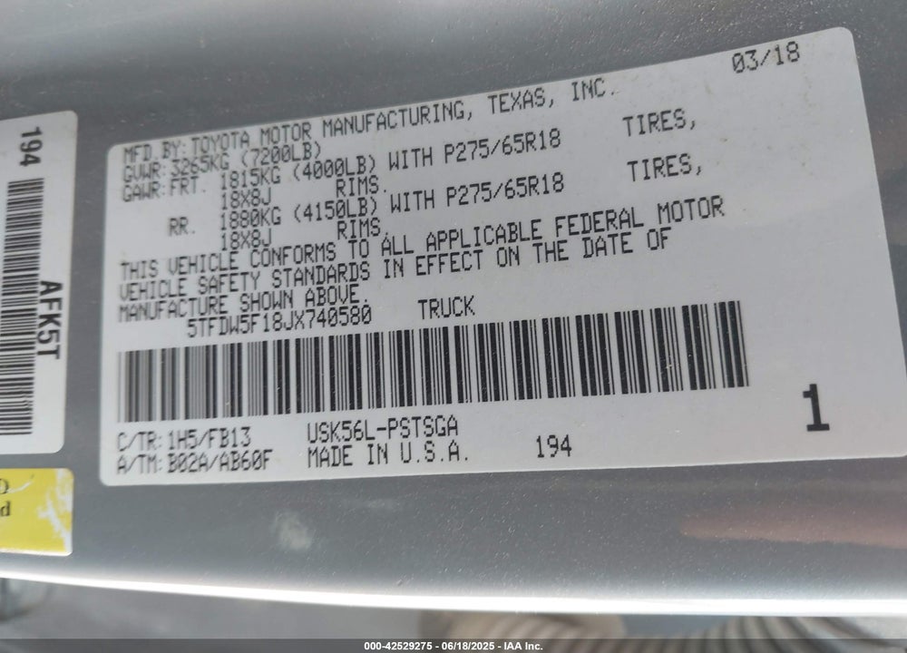 2018 TOYOTA TUNDRA SR5 5.7L V8 VIN: 5TFDW5F18JX740580