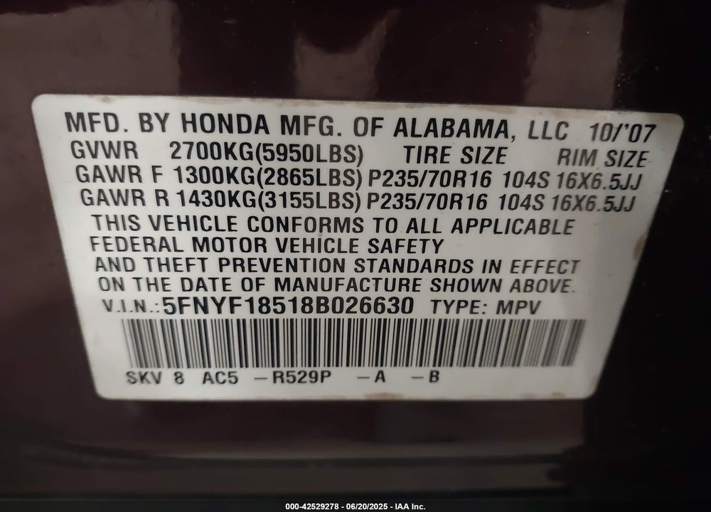 2008 HONDA PILOT VIN: 5FNYF18518B026630