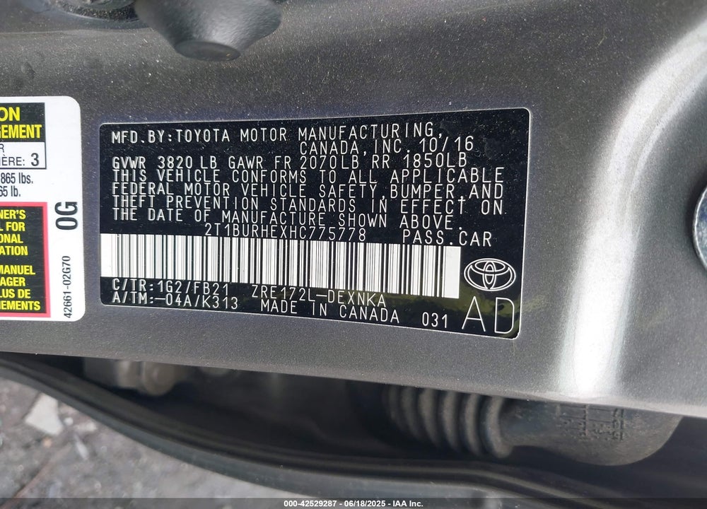 2017 TOYOTA COROLLA VIN: 2T1BURHEXHC775778