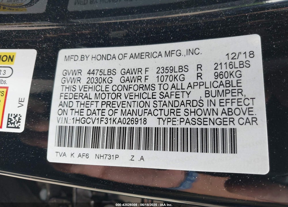 2019 HONDA ACCORD VIN: 1HGCV1F31KA026918