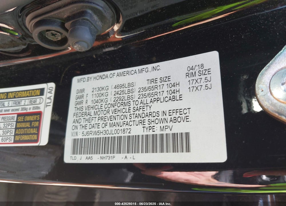 2018 HONDA CR-V VIN: 5J6RW5H30JL001872