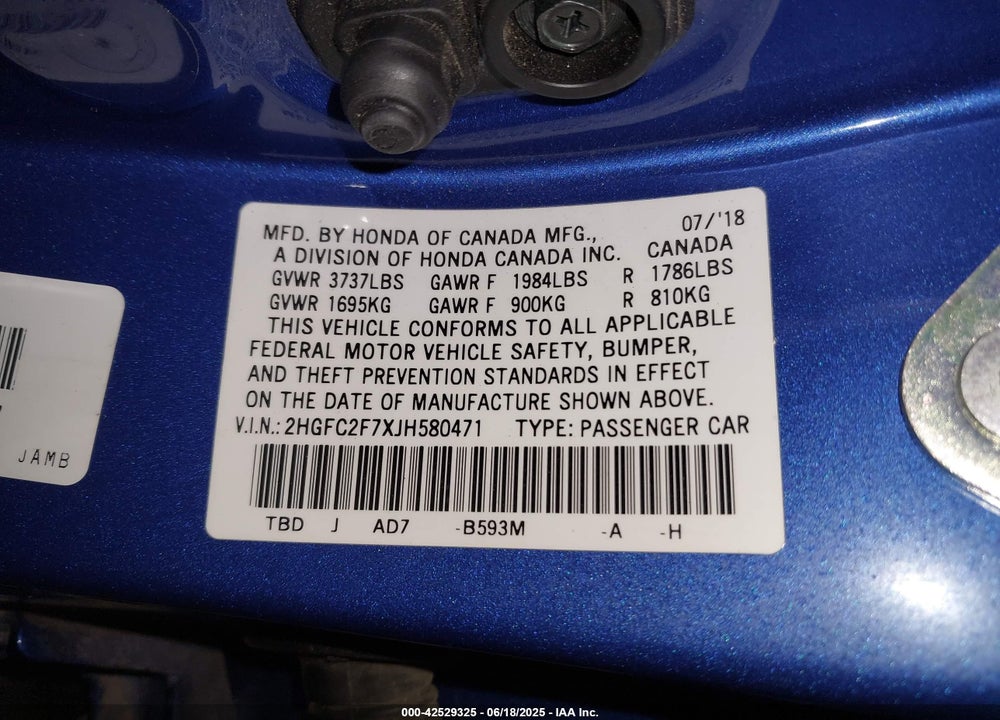 2018 HONDA CIVIC VIN: 2HGFC2F7XJH580471