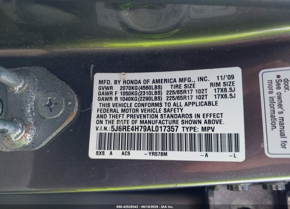 2010 HONDA CR-V VIN: 5J6RE4H79AL017357