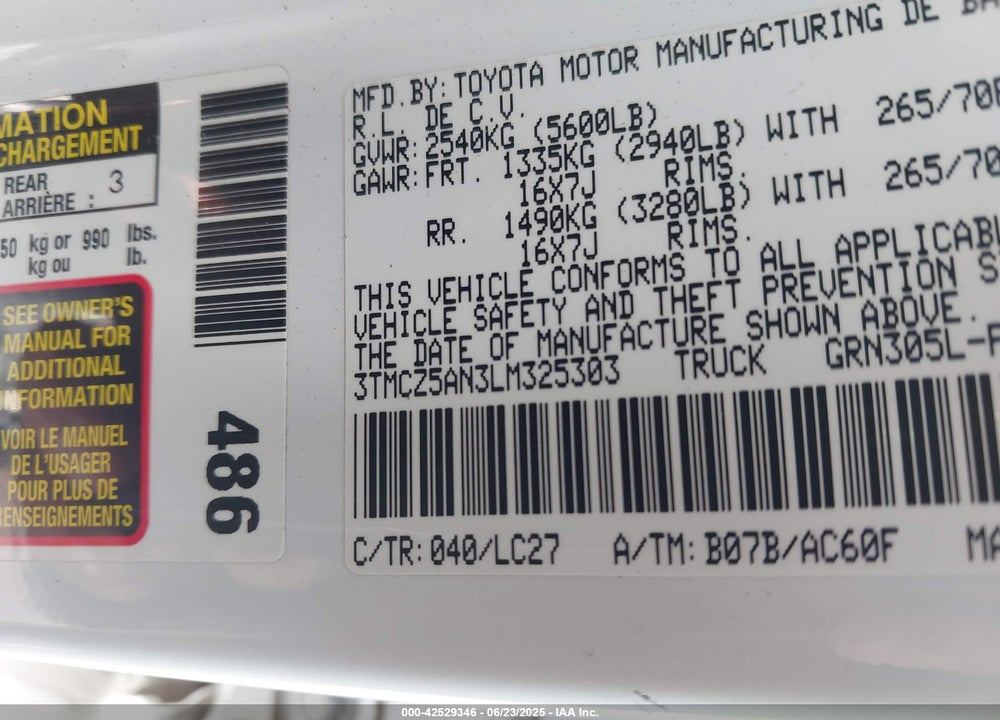2020 TOYOTA TACOMA VIN: 3TMCZ5AN3LM325303