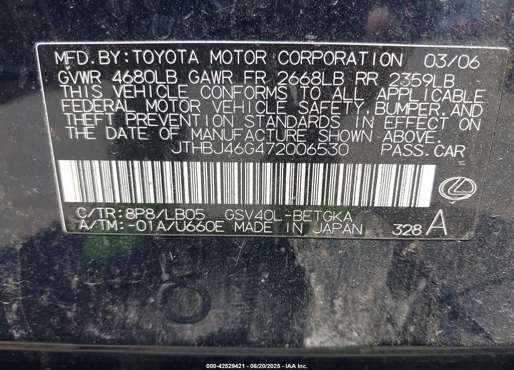 2007 LEXUS ES 350 VIN: JTHBJ46G472006530