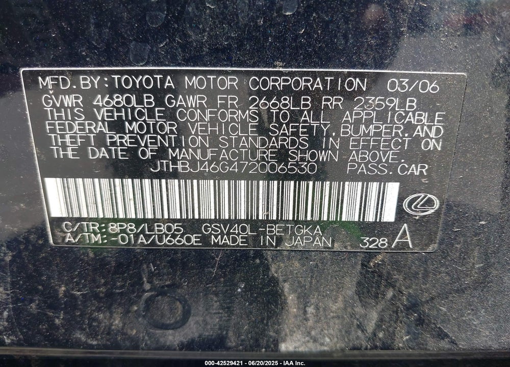 2007 LEXUS ES 350 VIN: JTHBJ46G472006530