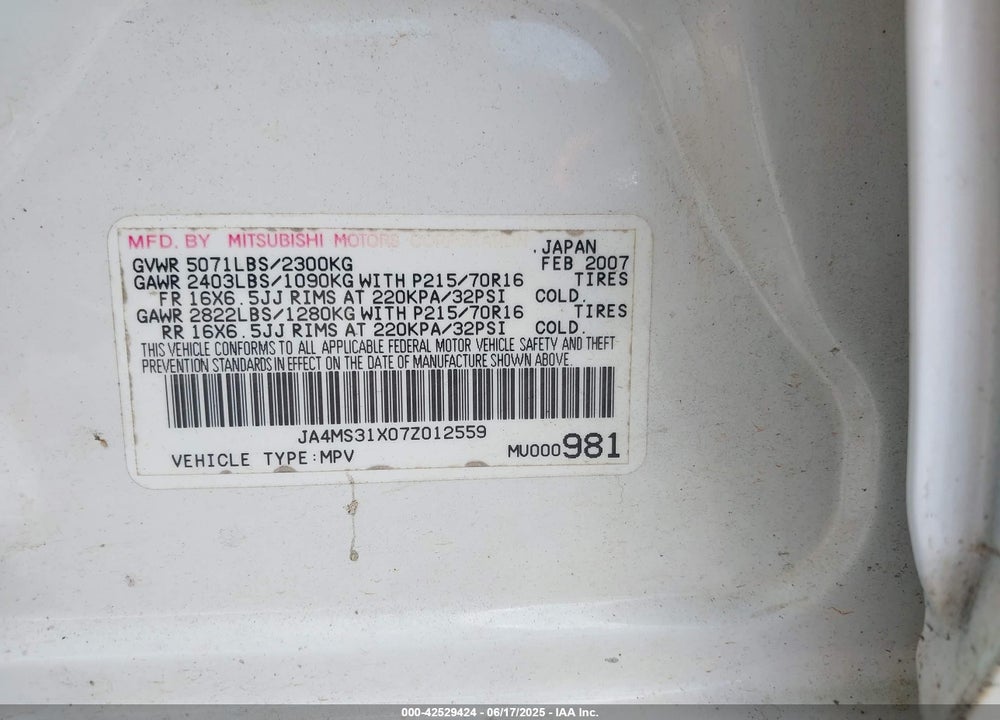 2007 MITSUBISHI OUTLANDER ES/LS VIN: JA4MS31X07Z012559