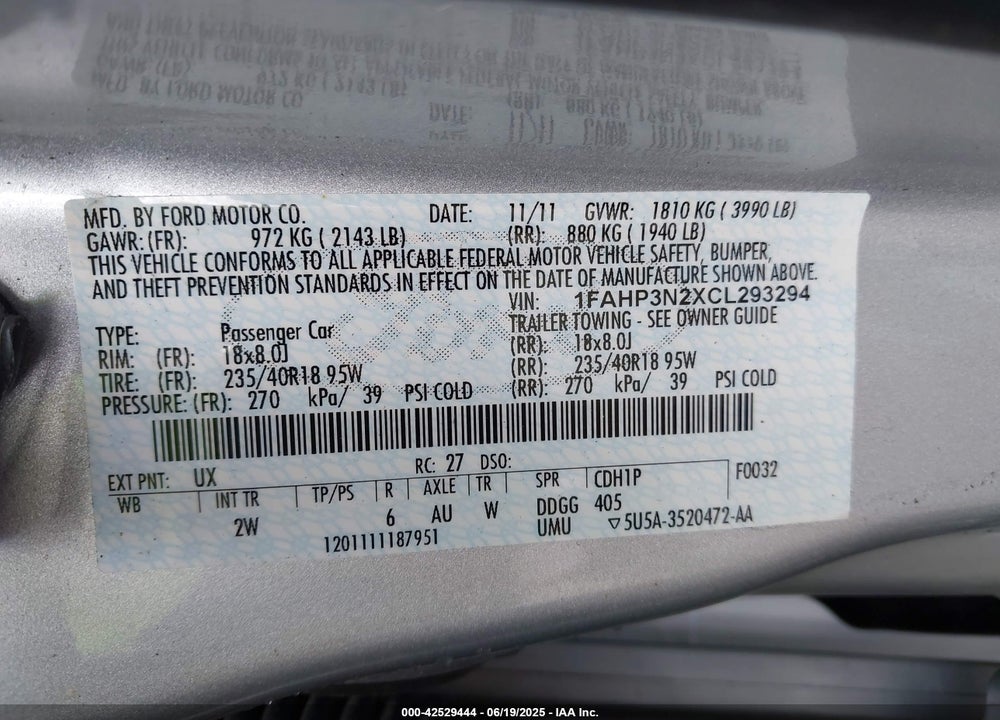 2012 FORD FOCUS VIN: 1FAHP3N2XCL293294