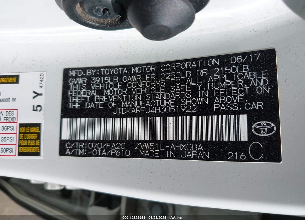 2017 TOYOTA PRIUS VIN: JTDKARFU4H3051922