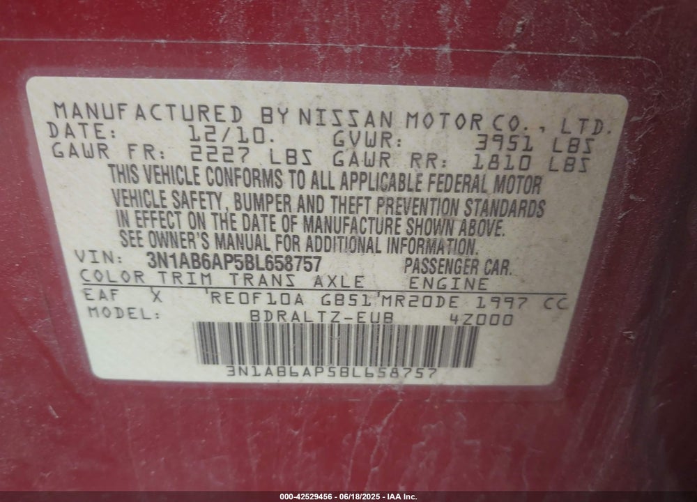 2011 NISSAN SENTRA 2.0SR VIN: 3N1AB6AP5BL658757