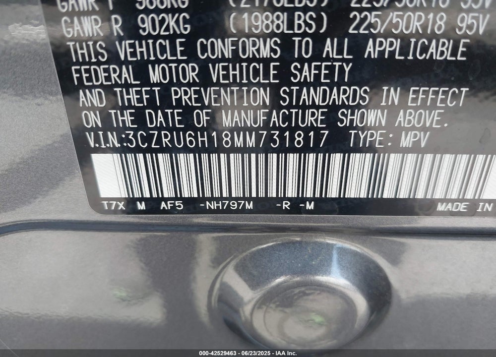 2021 HONDA HR-V AWD SPORT VIN: 3CZRU6H18MM731817
