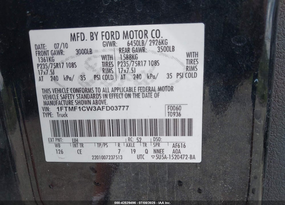 2010 FORD F-150 VIN: 1FTMF1CW3AFD03777