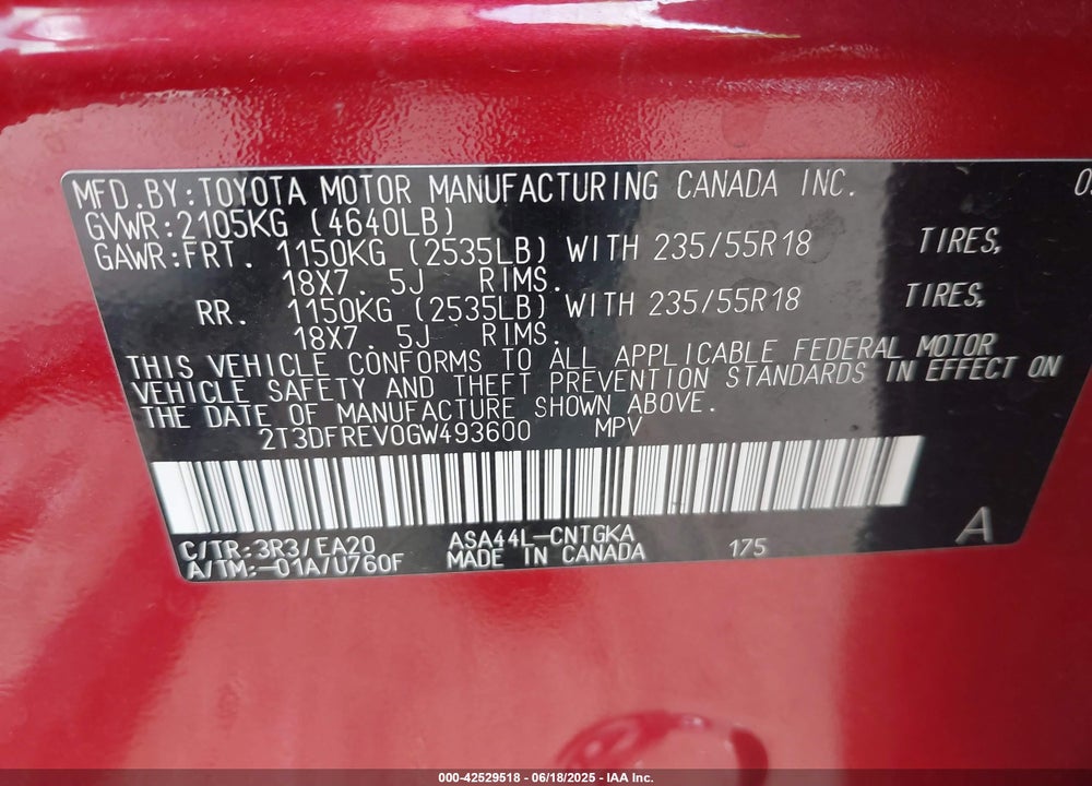 2016 TOYOTA RAV4 VIN: 2T3DFREV0GW493600