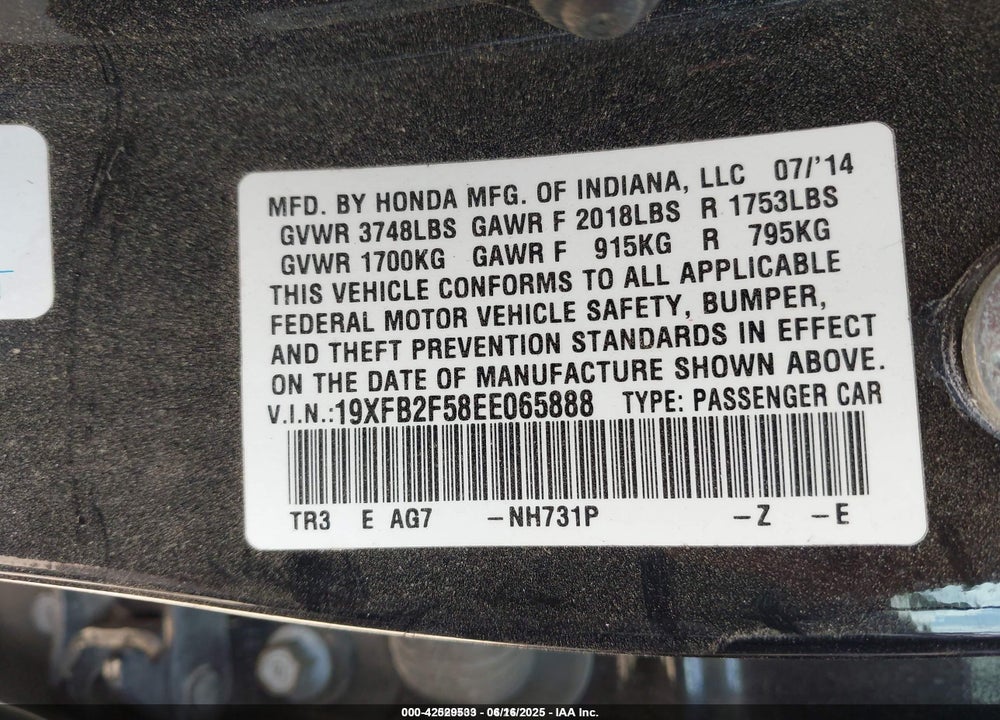 2014 HONDA CIVIC LX VIN: 19XFB2F58EE065888