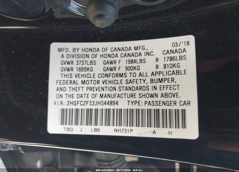 2018 HONDA CIVIC VIN: 2HGFC2F53JH544894