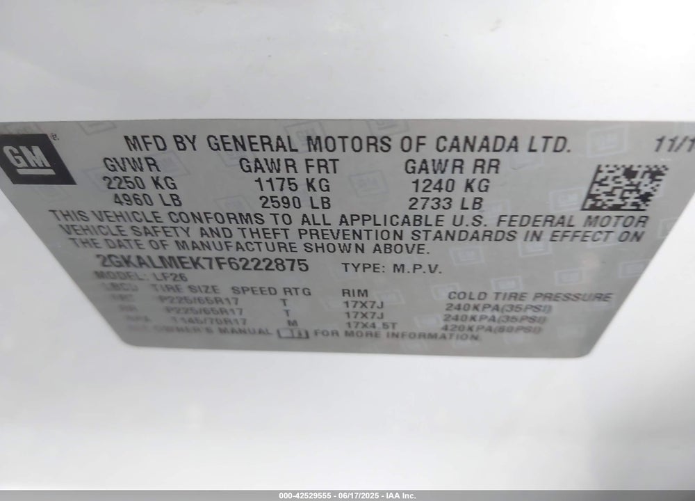 2015 GMC TERRAIN SLE-1 VIN: 2GKALMEK7F6222875