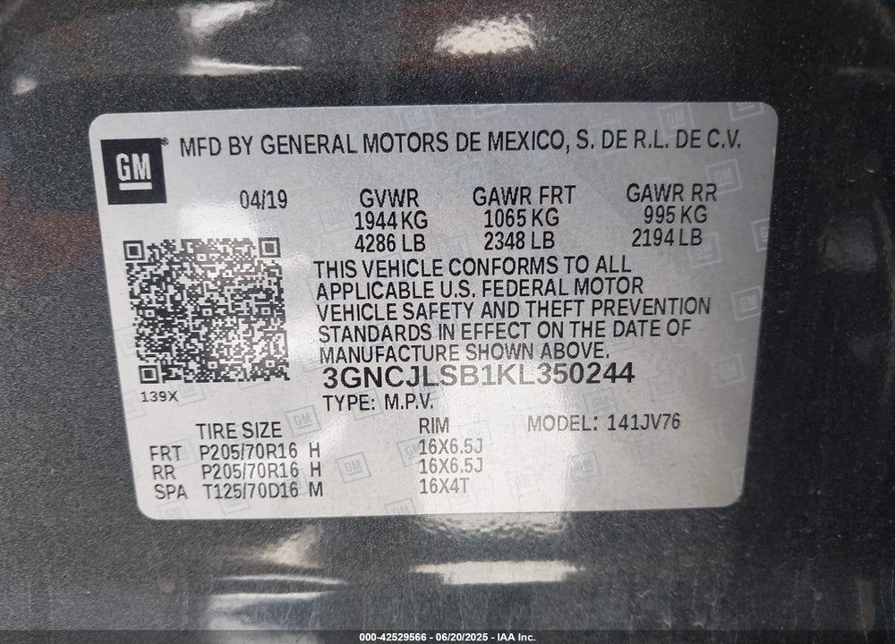 2019 CHEVROLET TRAX LT VIN: 3GNCJLSB1KL350244