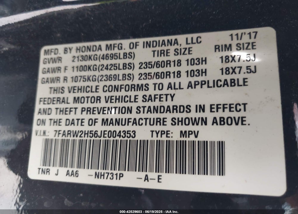 2018 HONDA CR-V VIN: 7FARW2H56JE004353