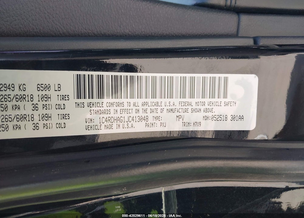 2018 DODGE DURANGO VIN: 1C4RDHAG1JC413048