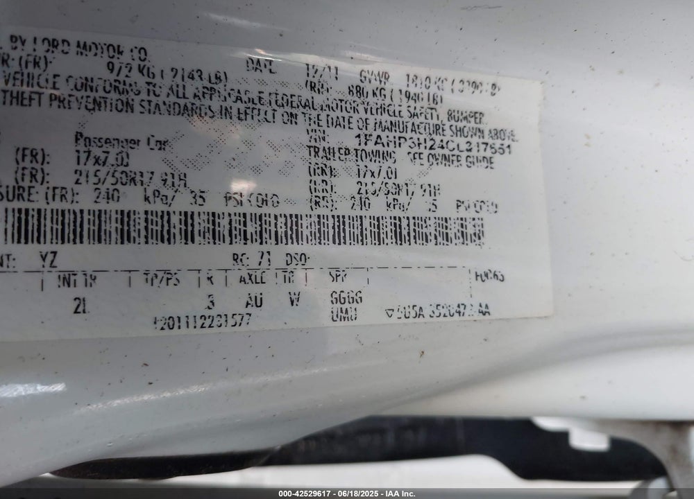 2012 FORD FOCUS SEL VIN: 1FAHP3H24CL317651