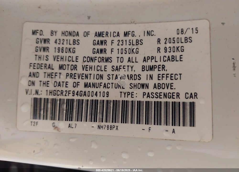2016 HONDA ACCORD VIN: 1HGCR2F94GA004109