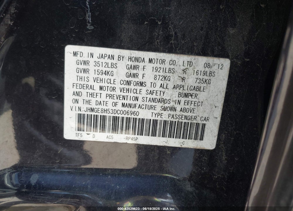 2013 HONDA FIT SPORT VIN: JHMGE8H53DC006960