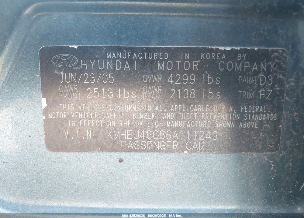 2006 HYUNDAI SONATA GLS VIN: KMHEU46C86A111249