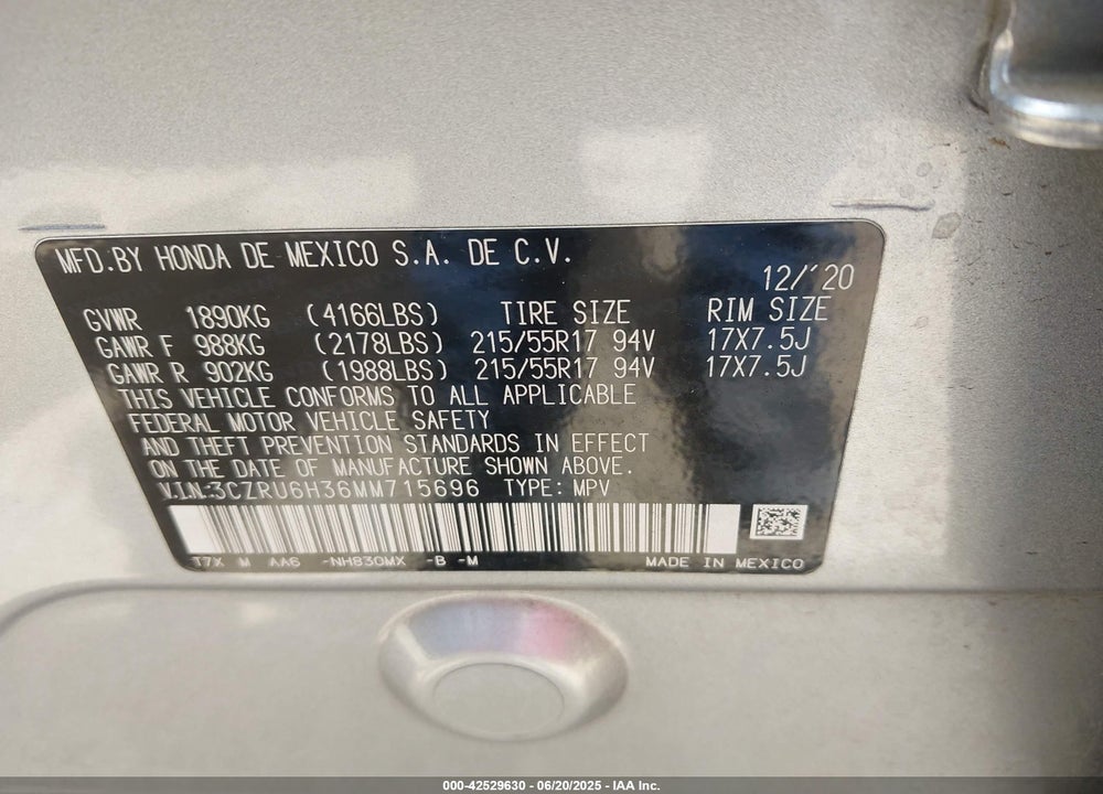 2021 HONDA HR-V VIN: 3CZRU6H36MM715696