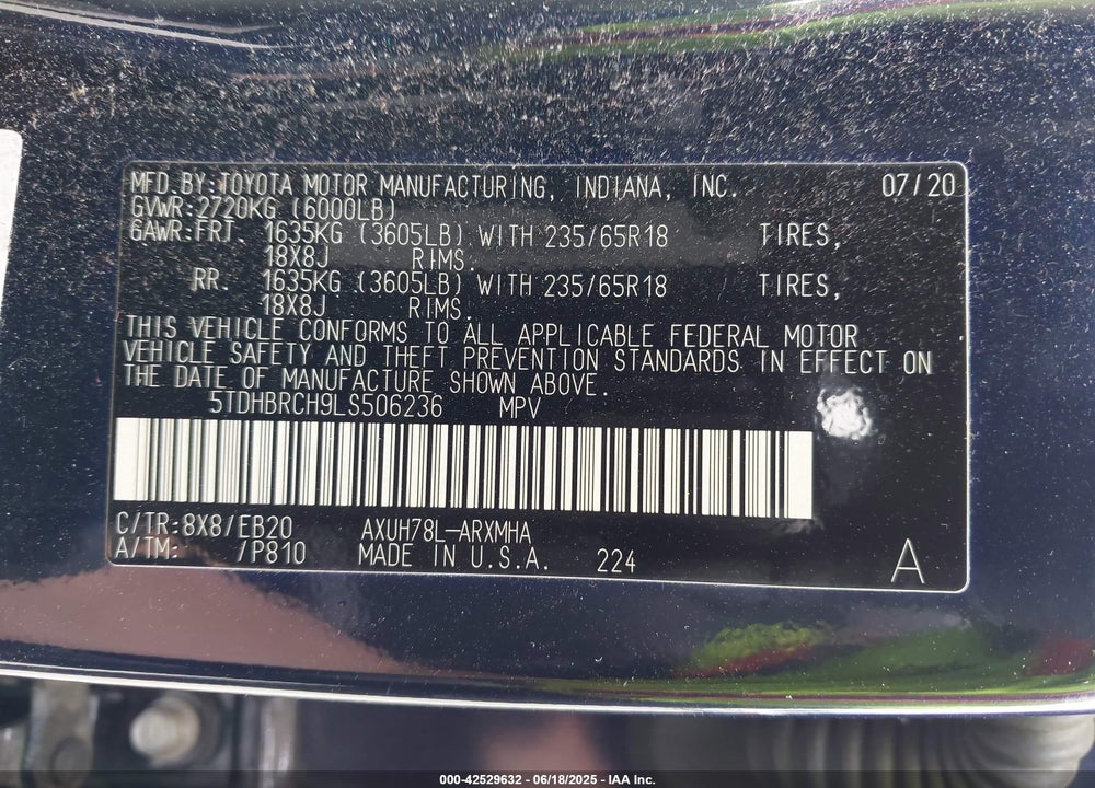 2020 TOYOTA HIGHLANDER HYBRID XLE VIN: 5TDHBRCH9LS506236