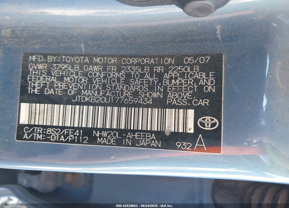 2007 TOYOTA PRIUS VIN: JTDKB20U177659434
