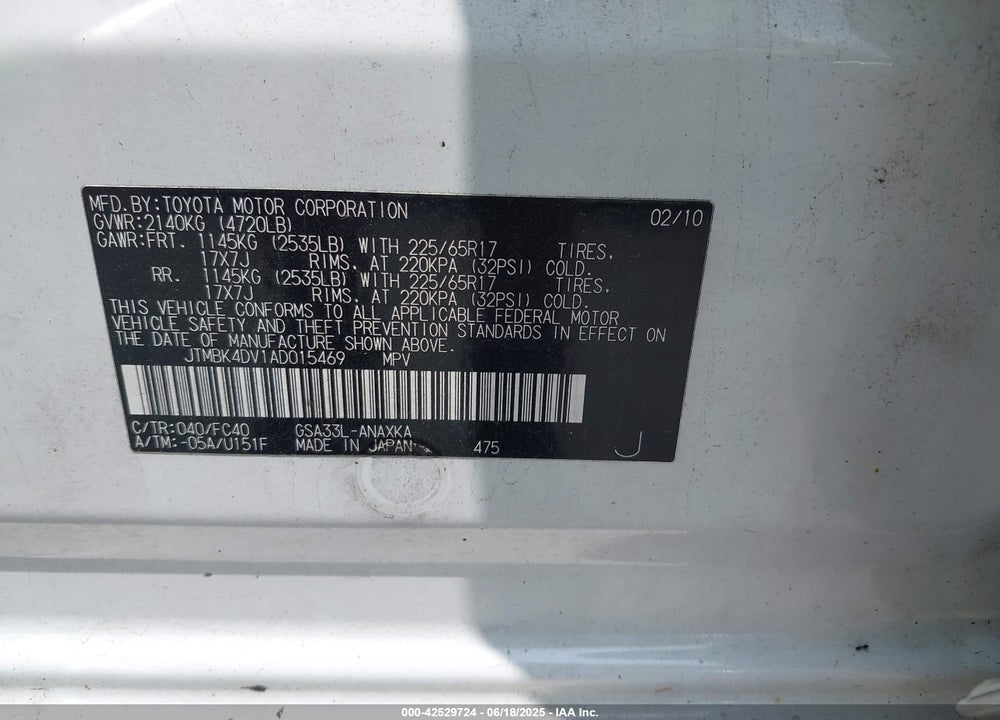 2010 TOYOTA RAV4 VIN: JTMBK4DV1AD015469