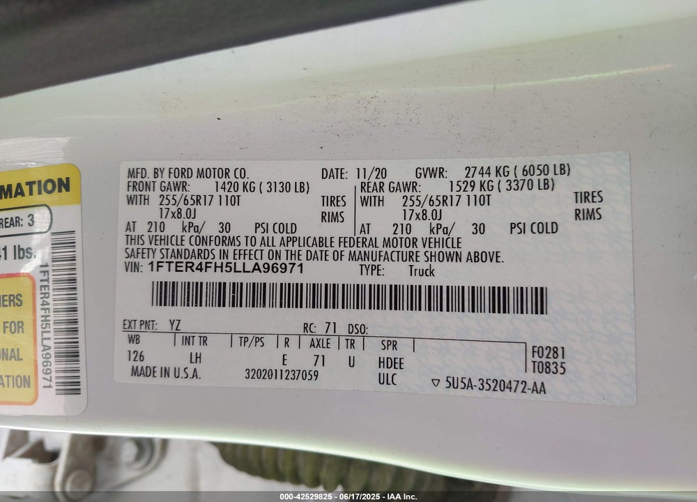 2020 FORD RANGER VIN: 1FTER4FH5LLA96971